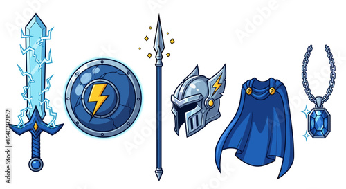 Cartoon Fantasy Warrior Equipment Set Featuring Weapons and Armor