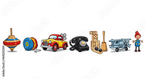 Collection of vintage children's toys, including a car, doll, and airplane