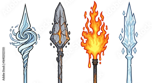 Elemental Spears: Cartoon Set of Fire, Water, Earth, and Ice