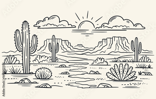 Hand-Drawn Vintage Western Desert Vector Scene with Saguaro Cactus, Mesas, Stylized Sun, and Sketchy Ink Lines on White Background