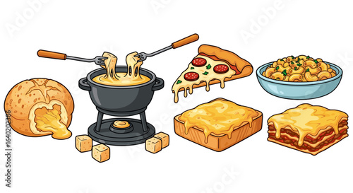 Delicious Cartoon Food: Fondue, Bread, Pizza, Toast, Pasta, and Lasagna