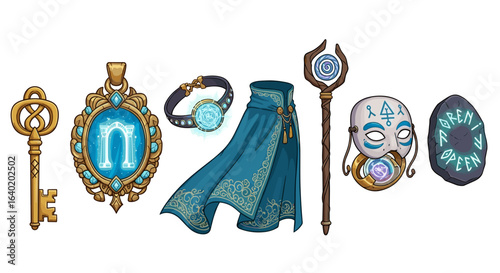 Enchanted Artifacts Collection: Mysterious Fantasy Objects Isolated on White