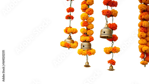 Traditional indian marigold flower garlands hanging with decorative bells used for festive decoratio