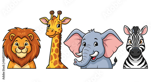Cartoon Safari Animal Portraits: Lion, Giraffe, Elephant, and Zebra