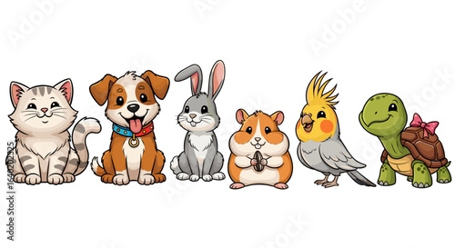 Adorable Group of Cartoon Pets Standing Together Isolated on White