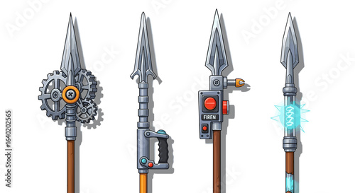 Four unique steampunk style spear designs on white background for concepts