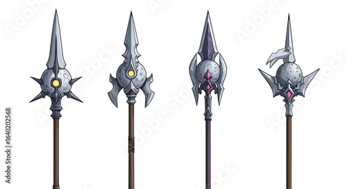 Assortment of Fantastical Fantasy Spears and Staffs with Ornate Design