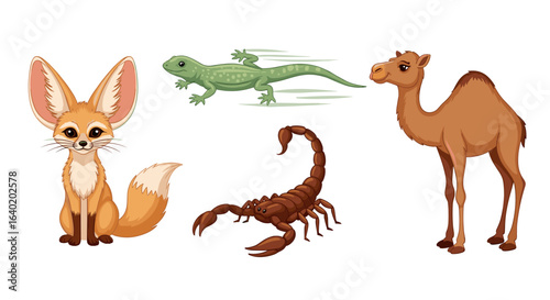 Cartoon desert animals: fennec fox, lizard, scorpion, and camel