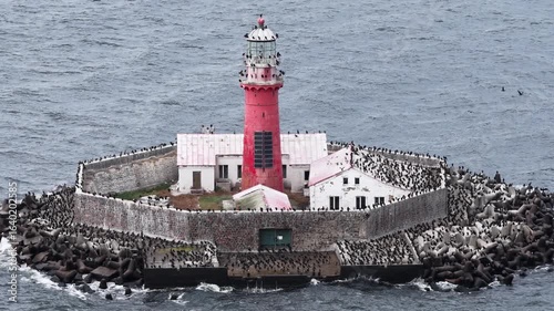 Detailed view of Kolka Lighthouse in the Baltic Sea, Latvia, surrounded by stone walls and breakwaters, with numerous seabirds perched on the structure above the waves.