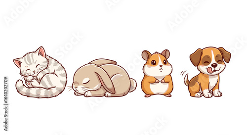 Adorable cartoon pets: cat, rabbit, hamster, and dog illustration