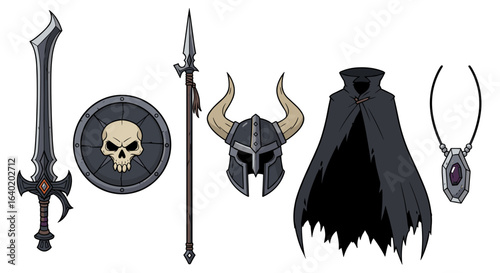 Cartoon Warrior Gear: Sword, Shield, Helmet, Cape, and Amulet