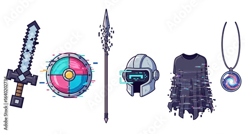 Cartoon Warrior's Digital Arsenal with Sword, Shield, Helmet, Spear and Amulet