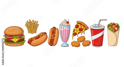 Colorful Cartoon Fast Food Assortment on White Background