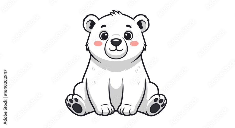 Naklejka premium Adorable cartoon polar bear sitting and smiling on a white background.