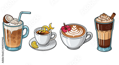 Exotic and artistic selection of stylized coffee drinks on white background