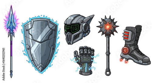 Futuristic Battle Gear: Spear, Shield, Helmet, Glove, Mace, and Jetboot
