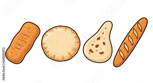Cartoon flatbread variety, featuring pita, focaccia, naan, and baguette