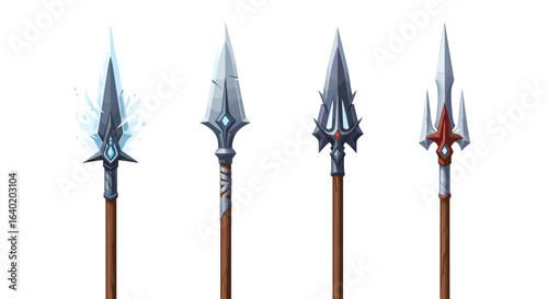 Four uniquely designed fantasy spears against a bright white backdrop.