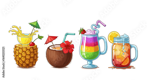 Tropical cocktails line-up, colorful and refreshing summer drinks illustration