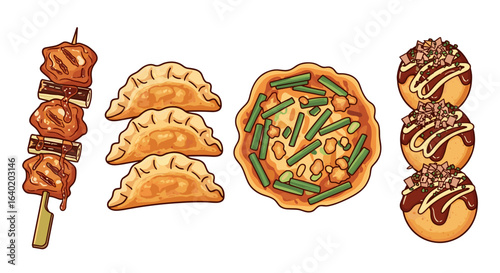 Delicious Asian Cuisine Illustration Featuring Skewers, Dumplings, Pizza, and Takoyaki
