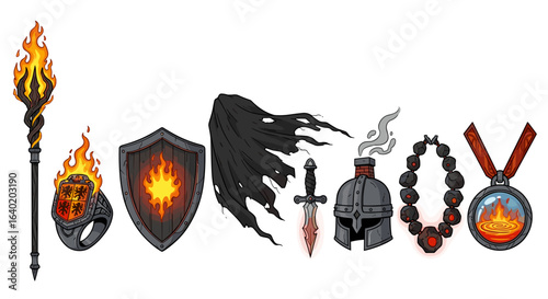 Fiery medieval fantasy game items ready for adventure and questing