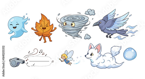 Cute cartoon weather and nature elements collection on white background