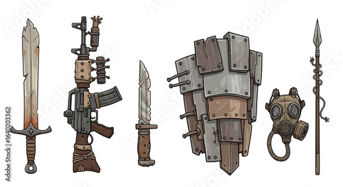 Post-Apocalyptic Weaponry and Defense Collection on White Background