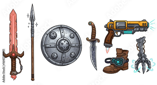 Cartoon fantasy weapons and gear assortment against white background