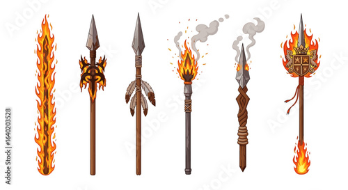 Collection of Cartoonish Fantasy Spears, Torches, and Weapons Isolated on White