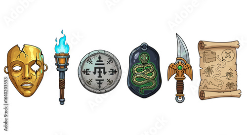 Cartoon Treasure Hunt Elements: Golden Mask, Torch, Amulet, and Map