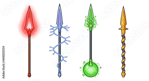 Colorful magical fantasy spears with different elemental powers standing vertically