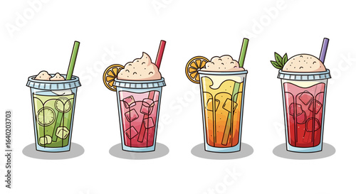 Assorted colorful cartoon drinks with ice and whipped topping illustration.