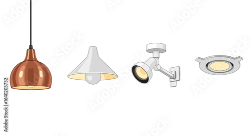Illustrated collection of diverse lighting fixtures against clean white background