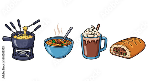 Delicious cartoon food collection: fondue, soup, hot chocolate, and bread