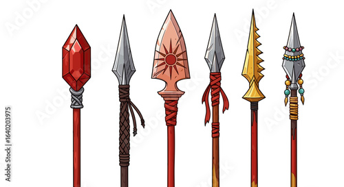 Elaborate Spear Collection with Decorative Adornments on a White Background