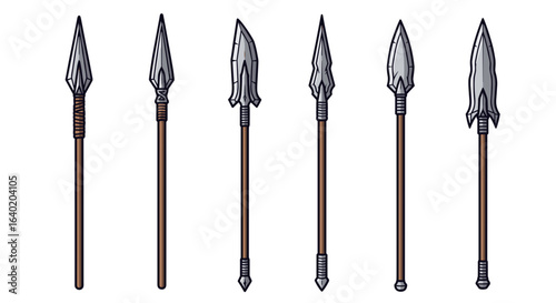Assortment of Six Hand-Drawn Antique Silver Spears on White Background