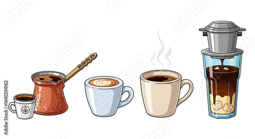 Colorful cartoon illustration showcasing different ways to enjoy coffee.