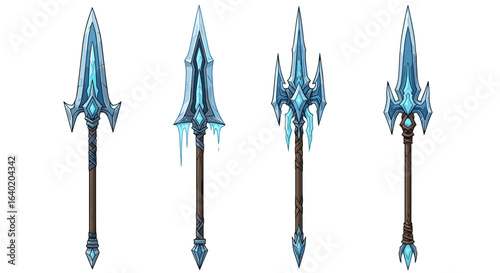 A collection of four fantasy ice spears on a white backdrop.
