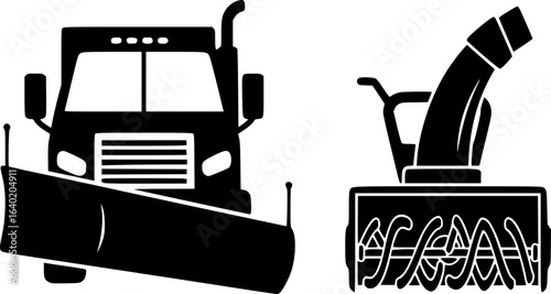 Truck snowplow icon. Snowblower. Black silhouette. Front view. Vector simple flat graphic illustration. Isolated object on a white background