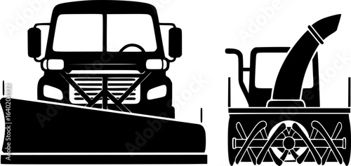 Truck snowplow icon. Snowblower. Black silhouette. Front view. Vector simple flat graphic illustration. Isolated object on a white background