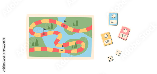 Flat path board game with colorful map. Interactive snake route with dice and cards for fun play. Perfect for table entertainment and family leisure, playful vibrant graphic style, ideal hobby