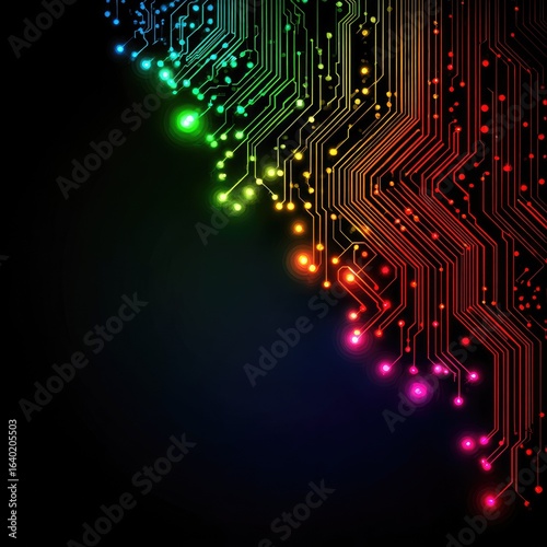 Abstract circuit board design with vibrant, colorful LEDs