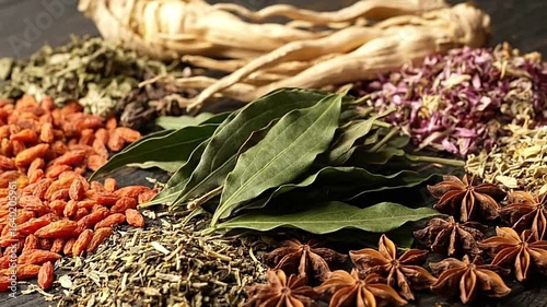 Herbs and spices goji berries bay leaves star anise ginseng sage oregano