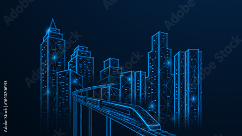 A futuristic high-speed train racing through a smart city. The concept of urban mobility of the future, intelligent transport systems and architecture of cyber cities. Polygonal design.