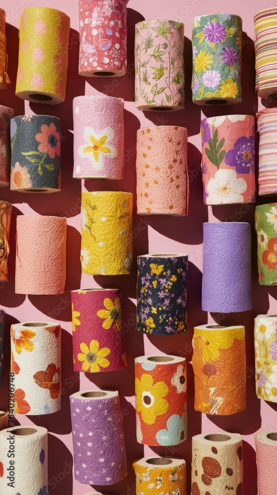 Fototapeta premium Colorful rolls of patterned paper towels arranged on a pink background