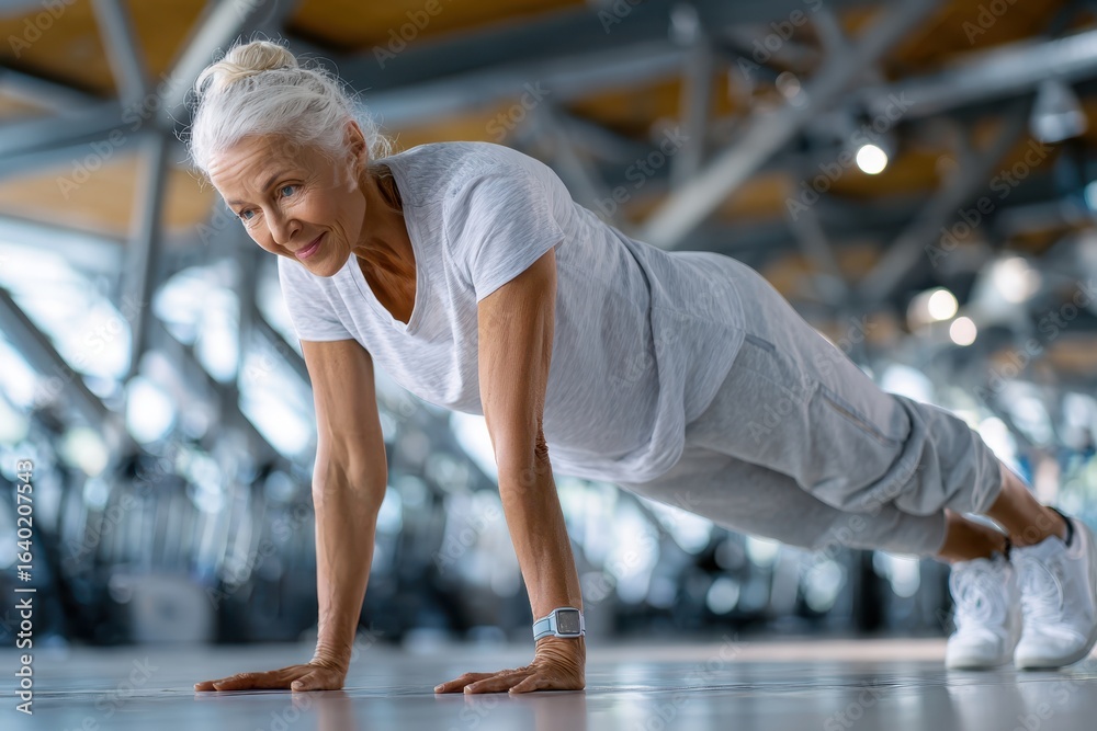 Fototapeta premium Older woman exercises with push-ups in a modern gym during the daytime