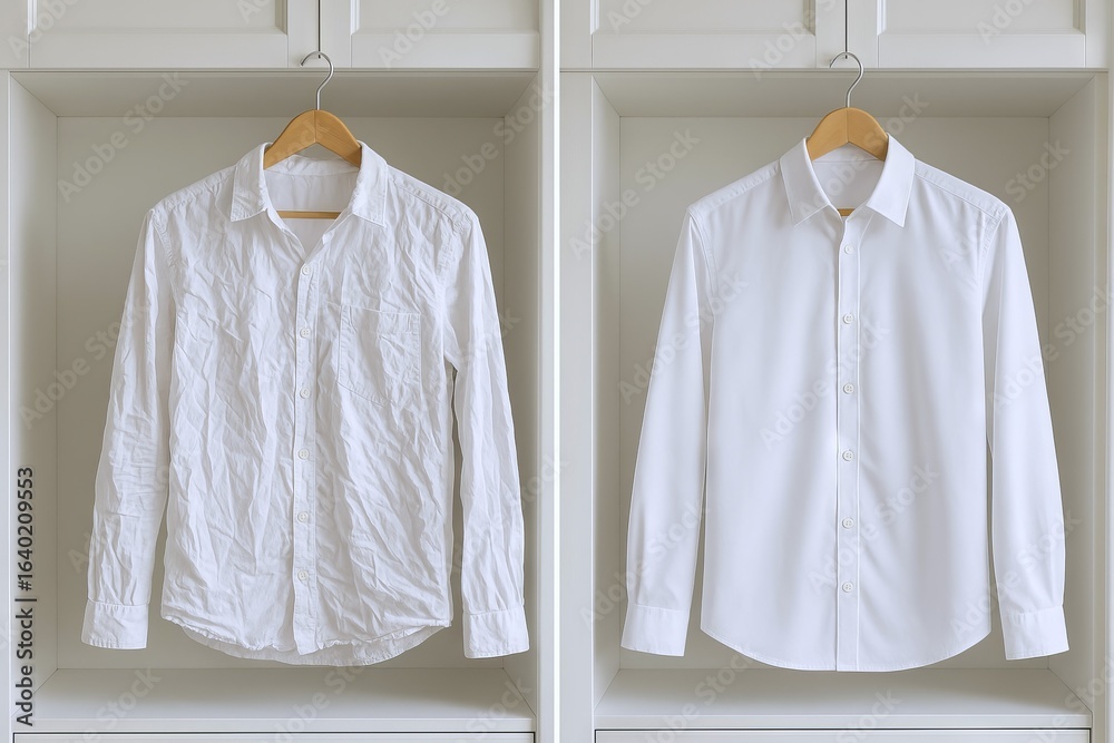 custom made wallpaper toronto digitalComparison of a wrinkled white shirt and a neatly ironed white shirt hanging in a wardrobe. concept of before and after laundry, clothing care, wardrobe organization