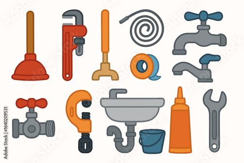 Plumbing tools flat icon set. wrench, faucet, plunger, pipe icons collection