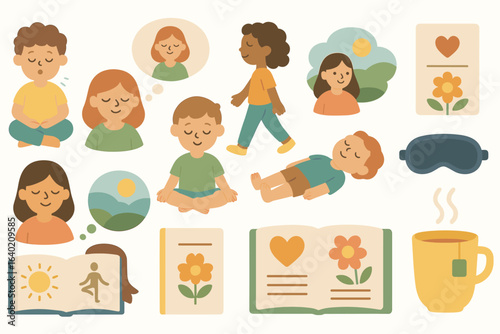 Mindfulness and relaxation flat icon set: meditation, breathing, yoga poses collection