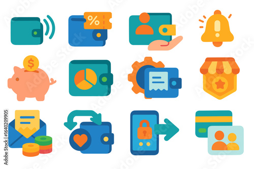 Finance and commerce flat icon set. wallet, money, payment, security, commerce collection